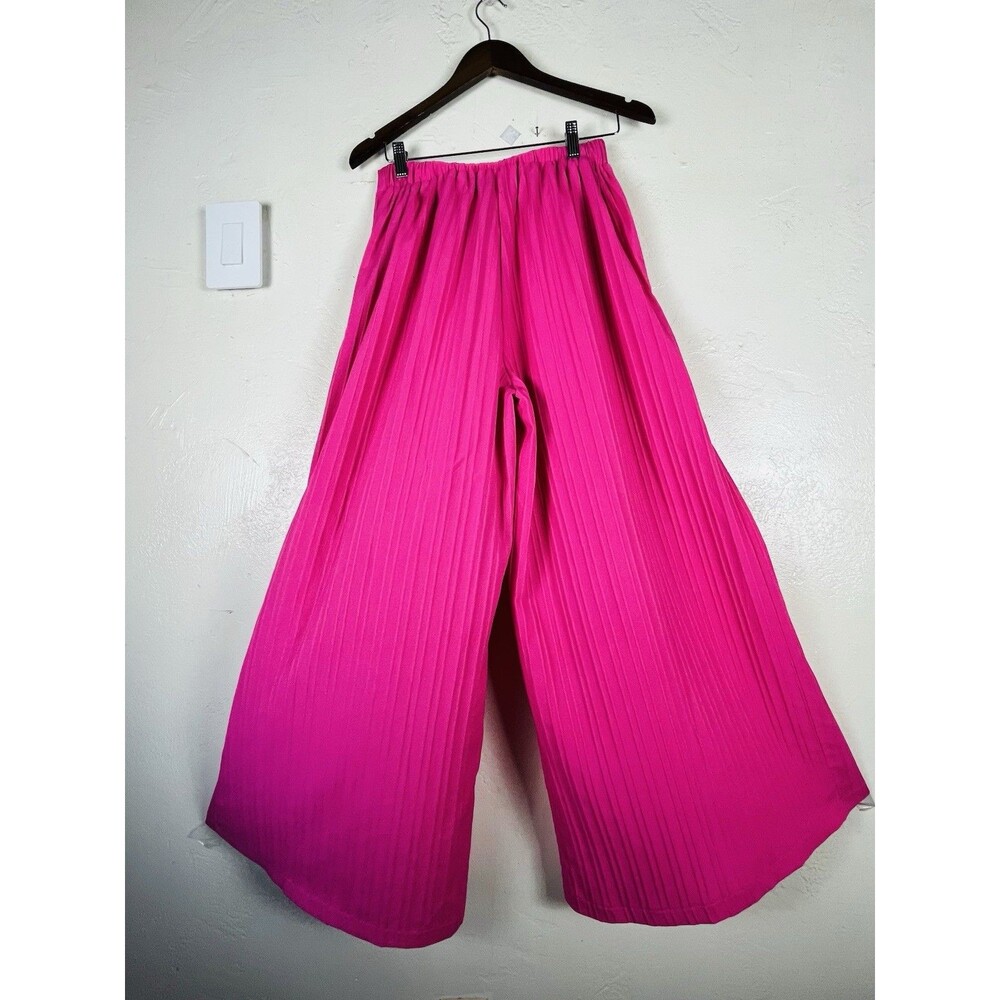 Women’s Hot Pink Pleated Wide Leg Wrap Palazzo Pants Boho Resort L - Picture 16 of 16